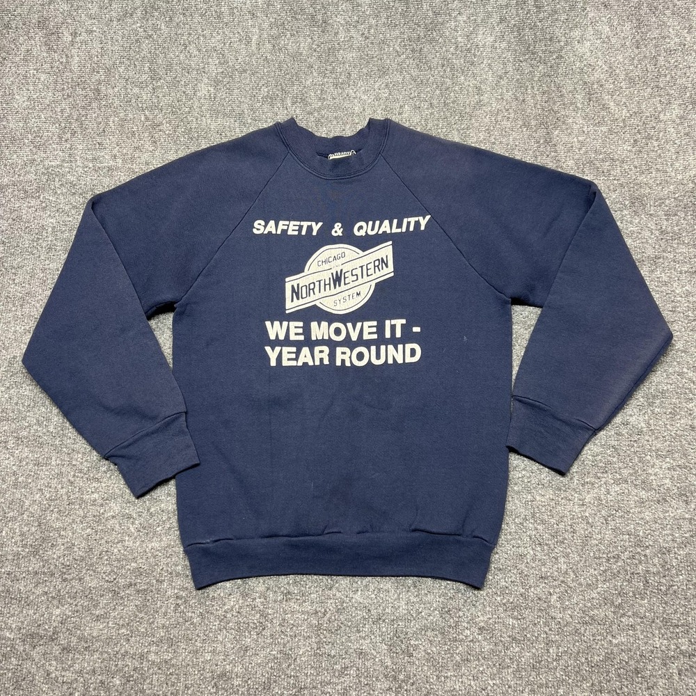 Vintage Fruit Of The Loom Sweatshirt Mens M Blue Chicago Northwestern Railroad